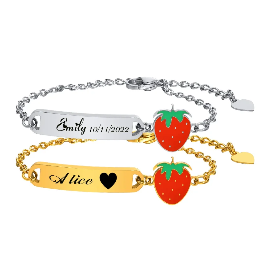 

Браслет с именем клубники на заказ для детей — персонализированный браслет из нержавеющей стали с идентификационной датой, милый подарок на день рождения для маленьких девочек и мальчиков