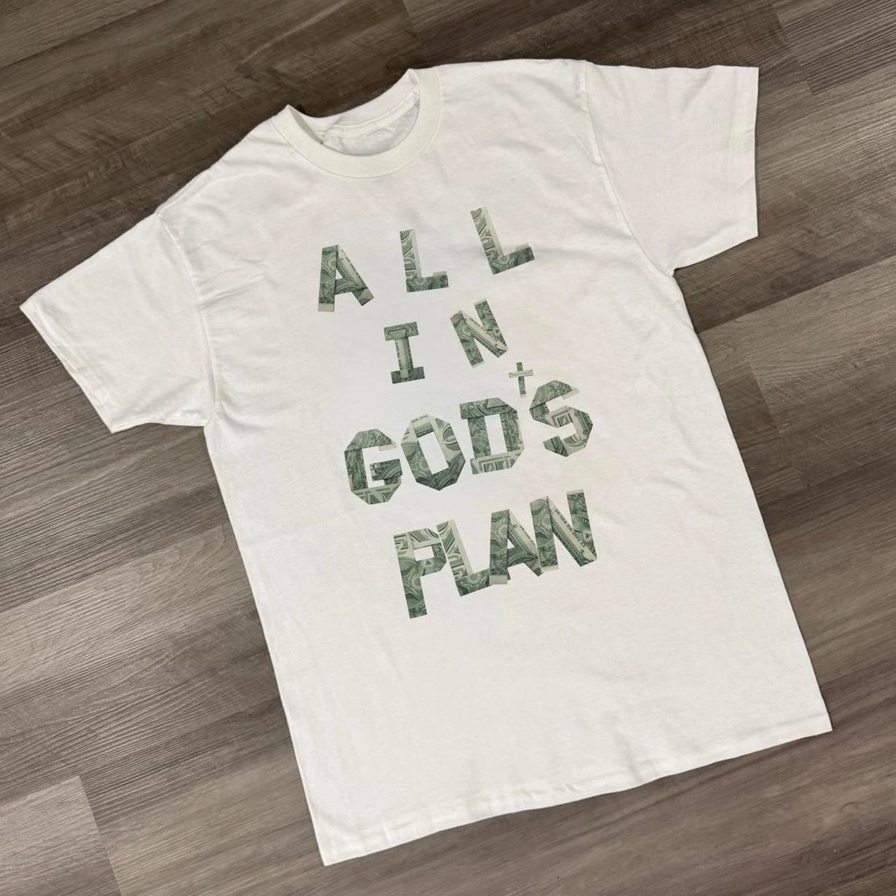 T-shirt featuring a “God's Plan”design,millennial style,Harajuku style, Y2K grunge rock style, unisex, vintage loose-fit T-shirt