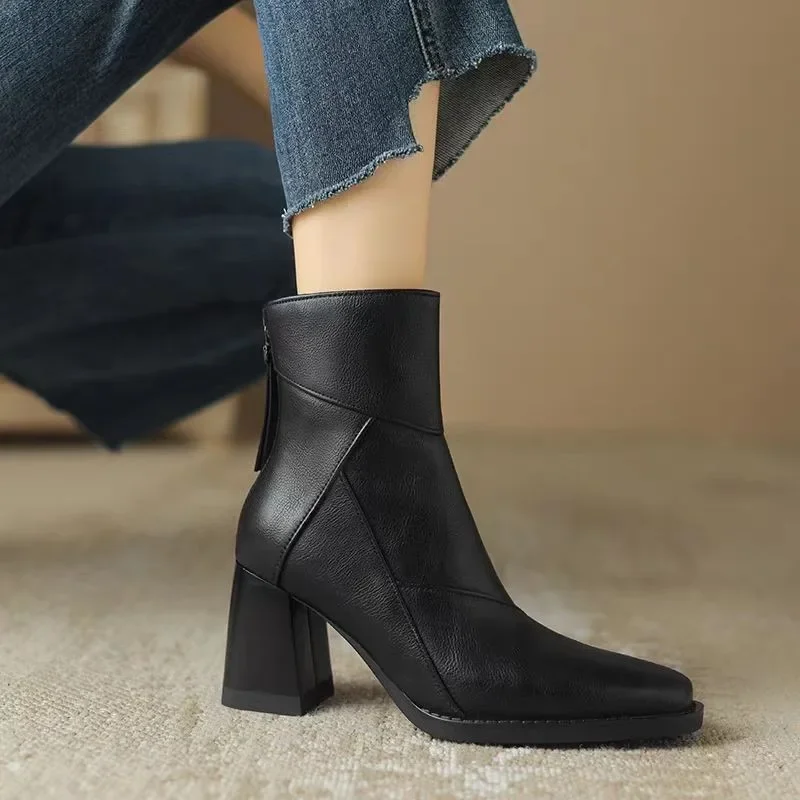 New Chelsea Boots Women Shoes Chunky Ankle Goth Mid Heels 2024 Brand Winter Fashion Pointed Toe Boots Motorcycle Botas Femme