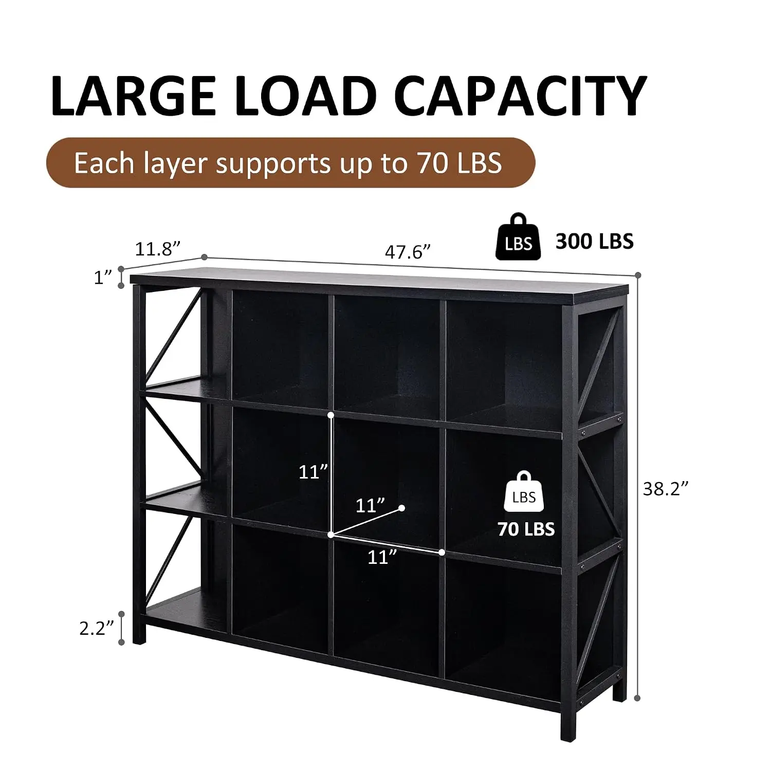 12 Cube Storage Organizer Bookshelf Industrial Horizontal Cubby Shelf Console Table Living Room Office 11.8