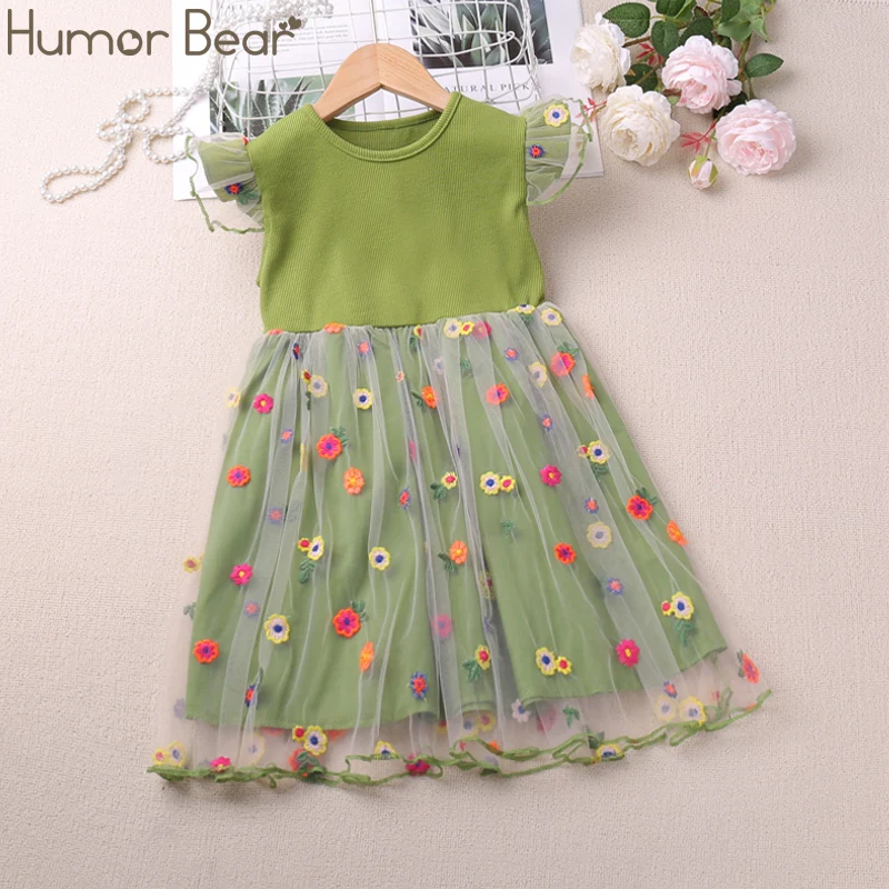 Humor Bear Girls\' New Summer Clothes Fly Sleeve Print Splice Sweet and Cute Mesh Dress 2-6 Years Old