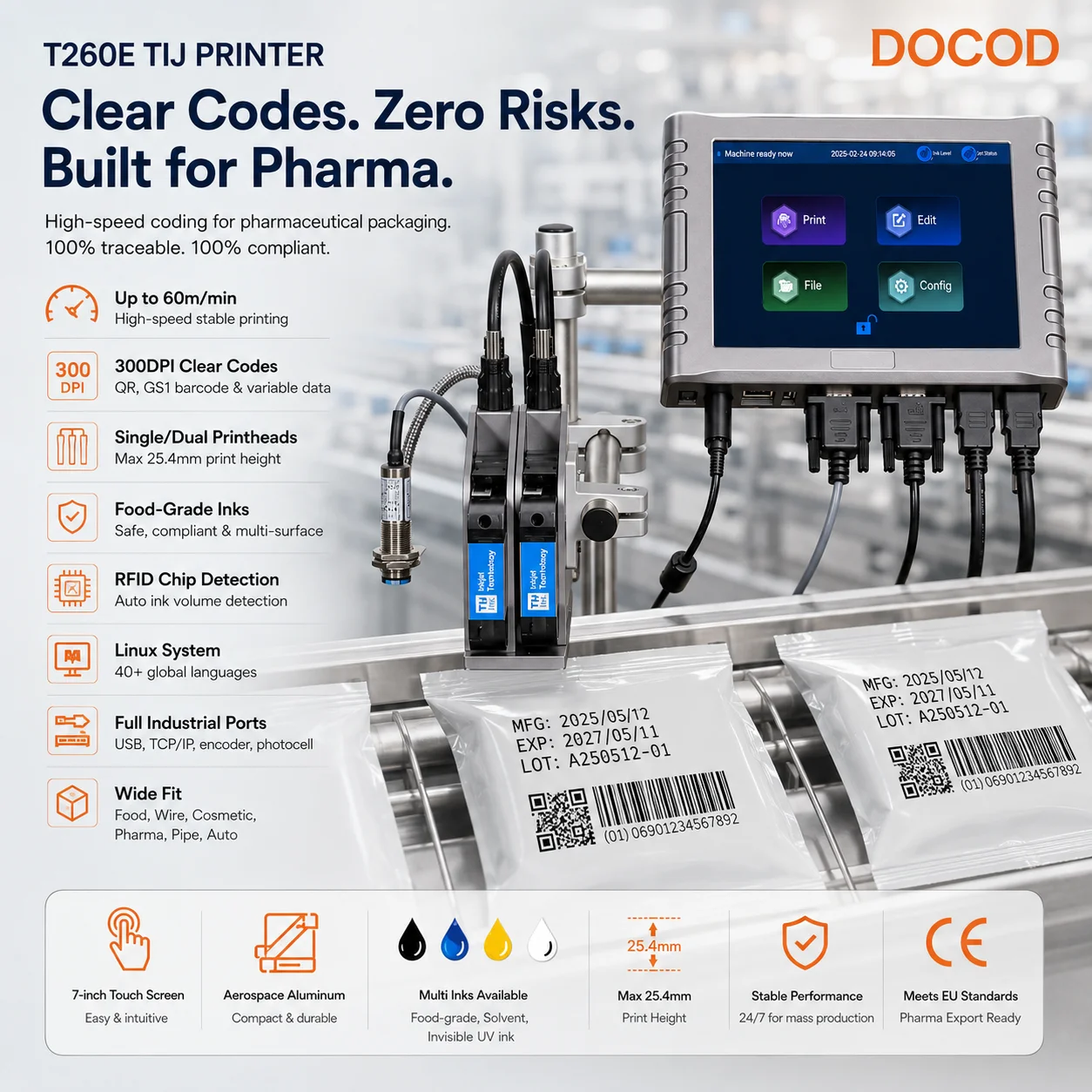 Docod OEM/ODM 25.4mm T260e Egg Expiry Date Printing Barcode Coding Machine Tij Thermal Inkjet Printer for Plastic Bag QR Code
