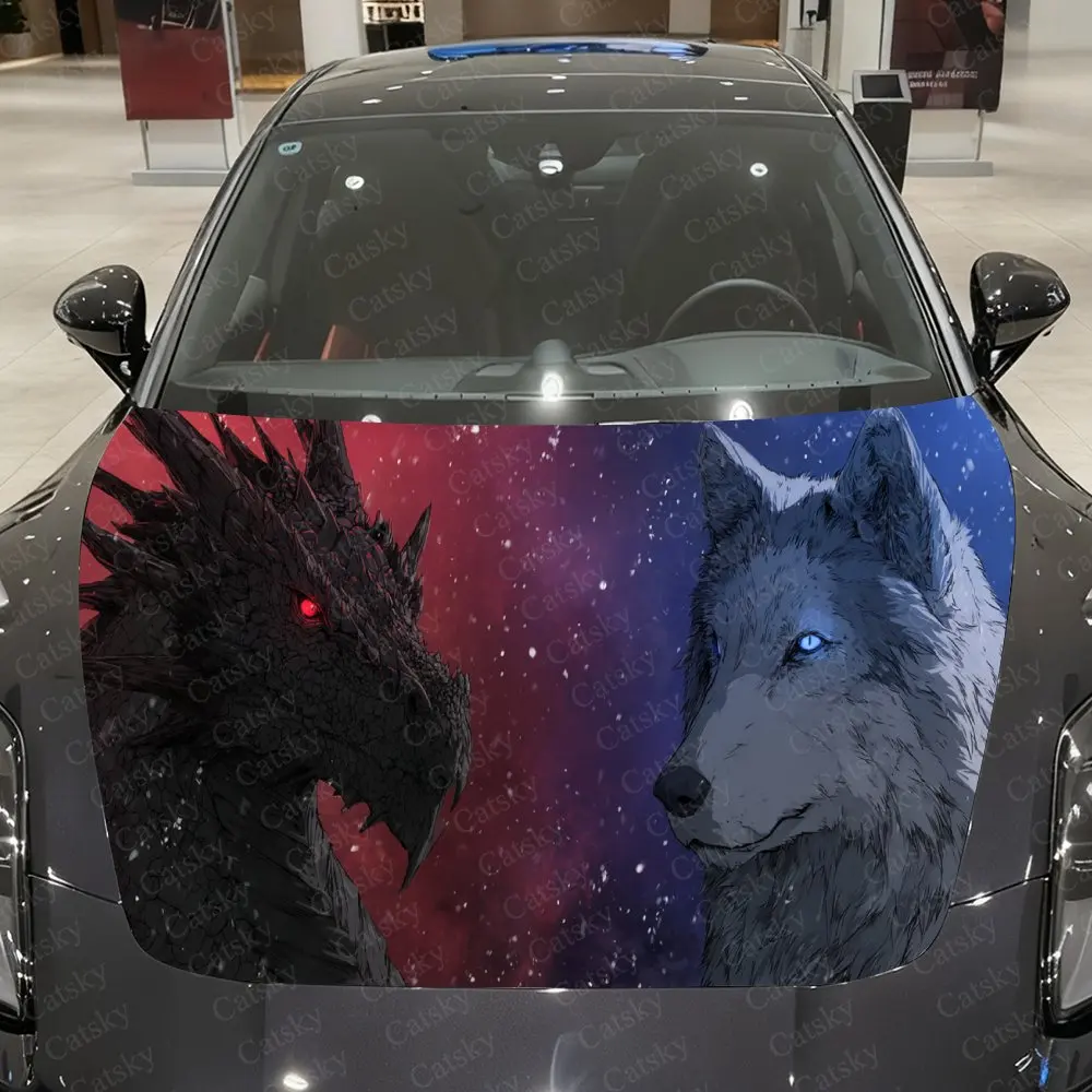 

Red Eyes Dragon Blue Eyes Wolfs Retro Wild Pattern PVC Car Hood Wraps, Self-Adhesive Waterproof Car Bonnet Decal Sticker, Car De