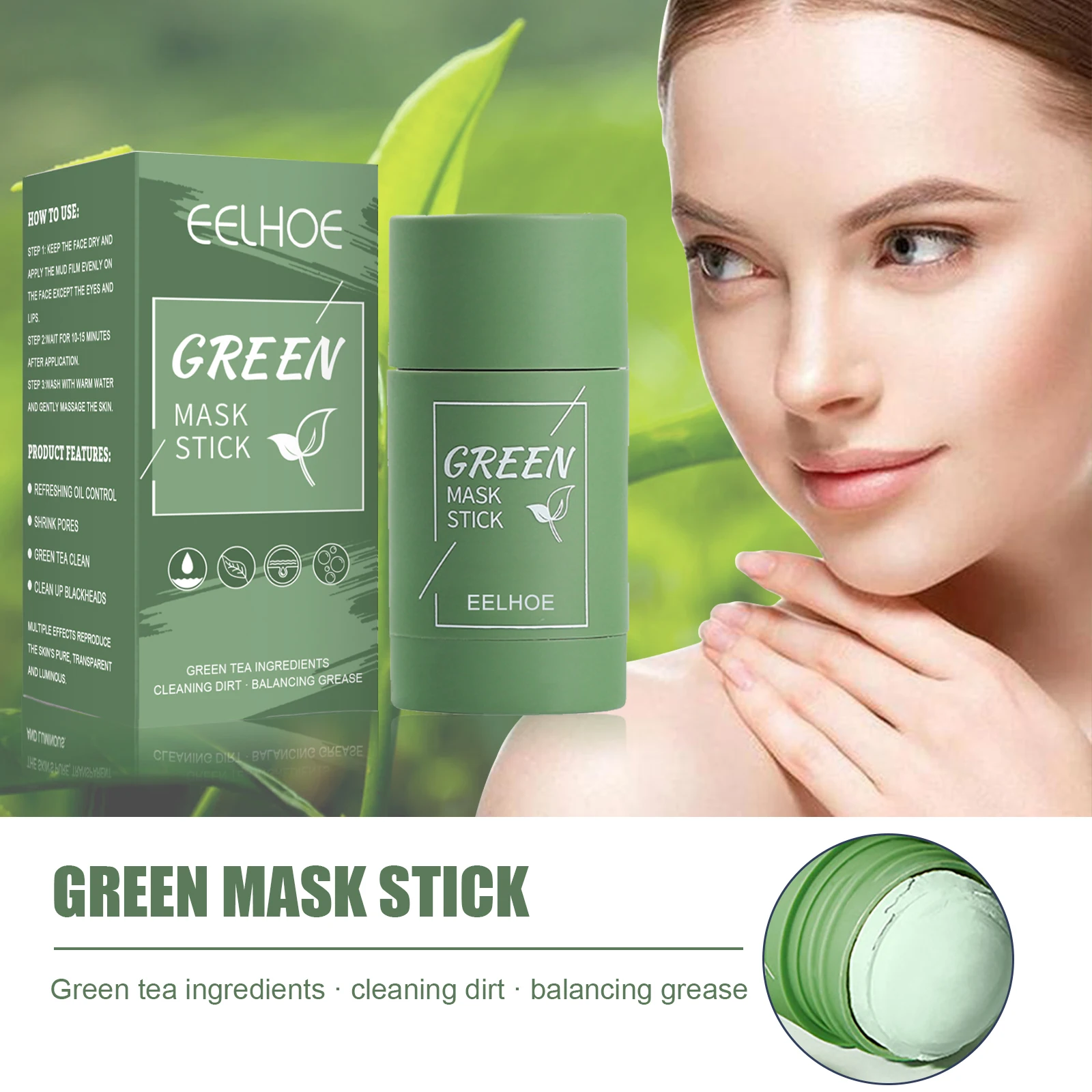 Mascarilla sólida de té verde, mascarilla de limpieza Facial, palo para reducir los poros, limpia profundamente el acné, eliminador de espinillas, mascarilla hidratante de limpieza Facial