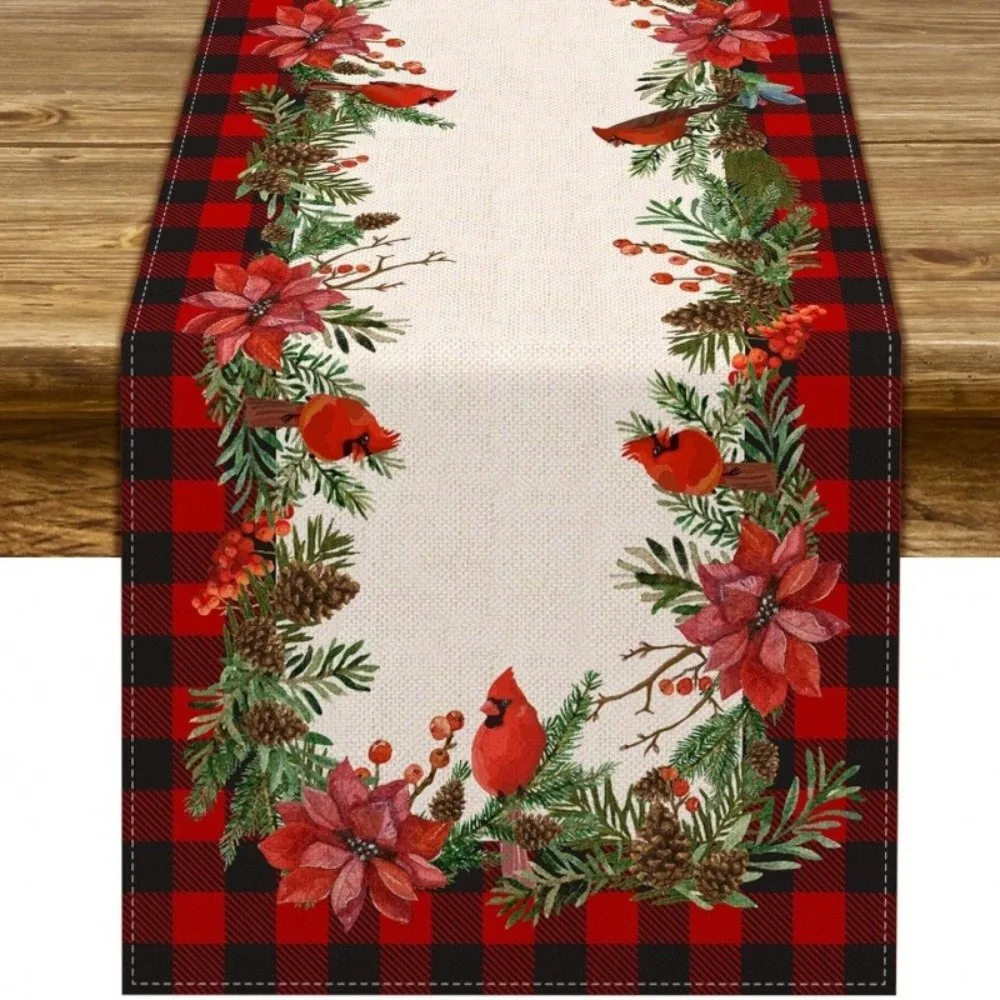 Poinsettia Flower Pattern Christmas Table Runner Long Length Rectangular Shape Table Decor Cloth Holiday Print Design