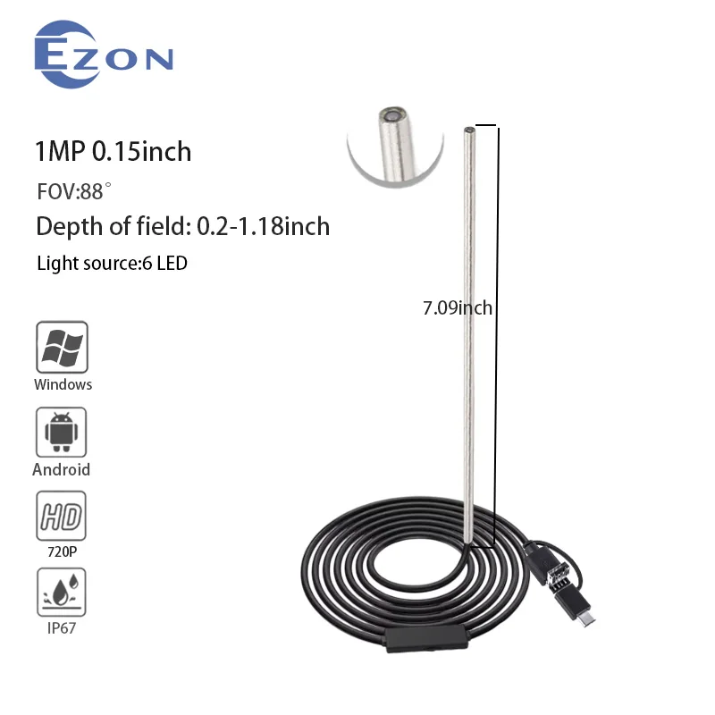 

OV9734 1 МП 0,15 дюйма 88 ° Очистка камеры бороскопа с 6LED, 1,5 м, USB-эндоскоп 3-в-1, мягкий шнур