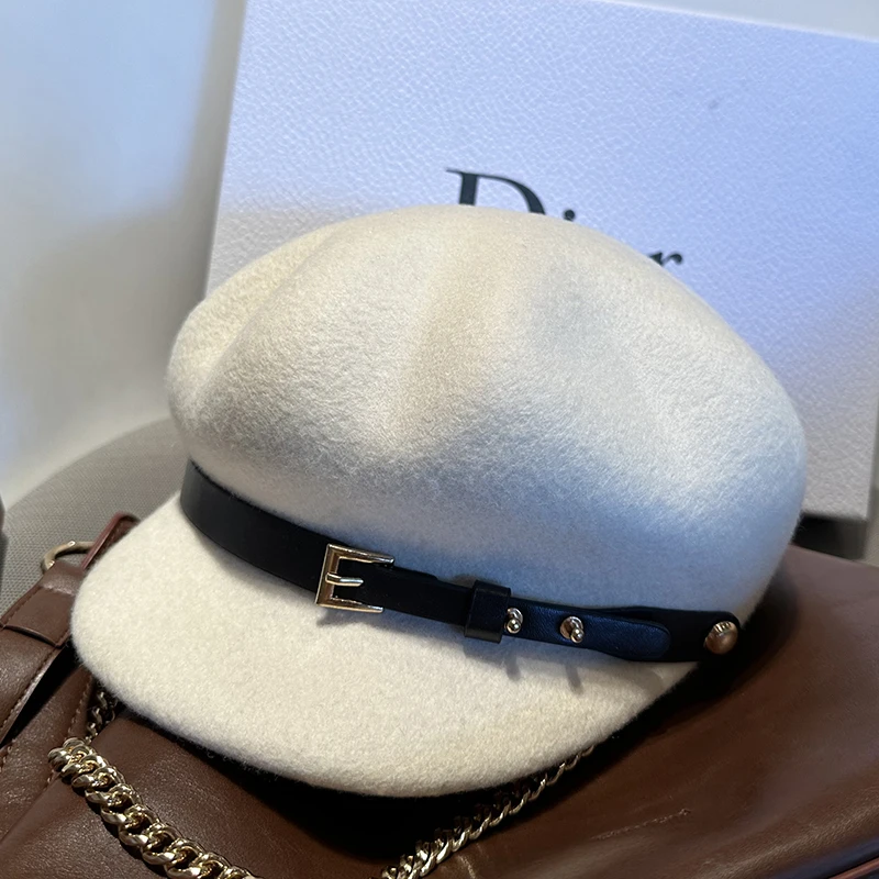 ウール製立体八角形帽子ベルトバックルダックビルキャップスタイリッシュレトロニュースボーイギフトハット英国風乗馬帽