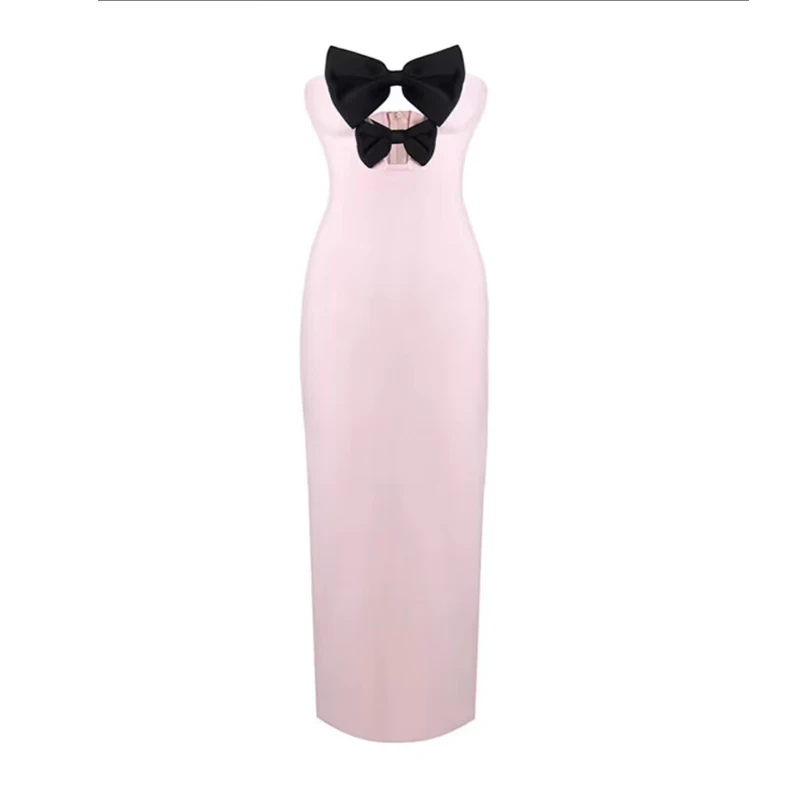 Women's Sleeveless Sheath Pink Hollow Bow Long Tight Nightclub Host Party Bandage Dresses