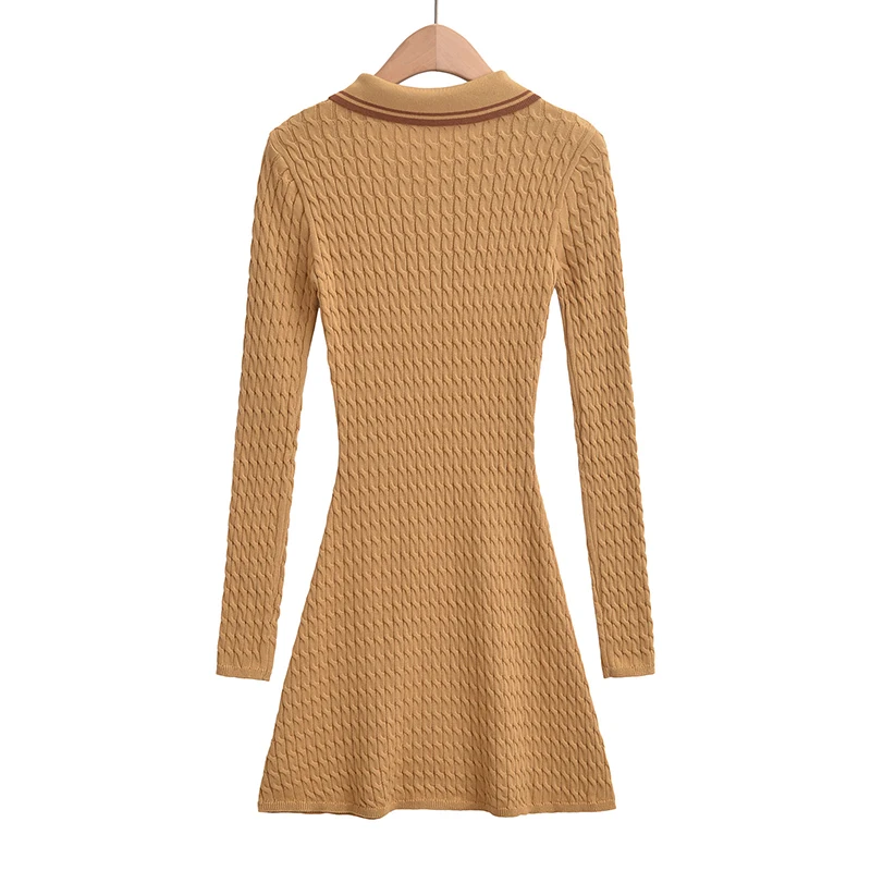 2024 Preppy Style POLO Collar Lapel Full Sleeve Knitted Twist Sweater Dress Women Skinny Slim Fit Low Waist A-lined Short Robe