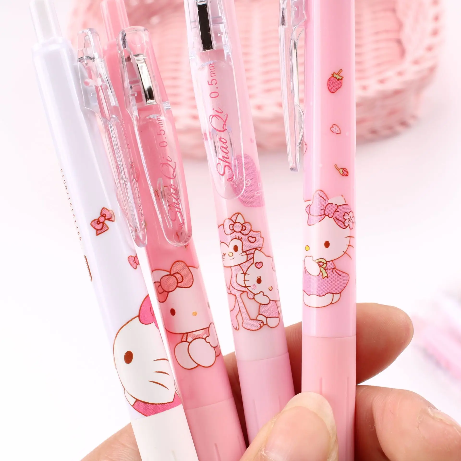 Sanrio Olá Kitty Gel Set Canetas, Rosa Estudante Dedicado Pen, Meninas Papelaria, Kawaii Material Escolar, Presente das crianças, 4 Pcs