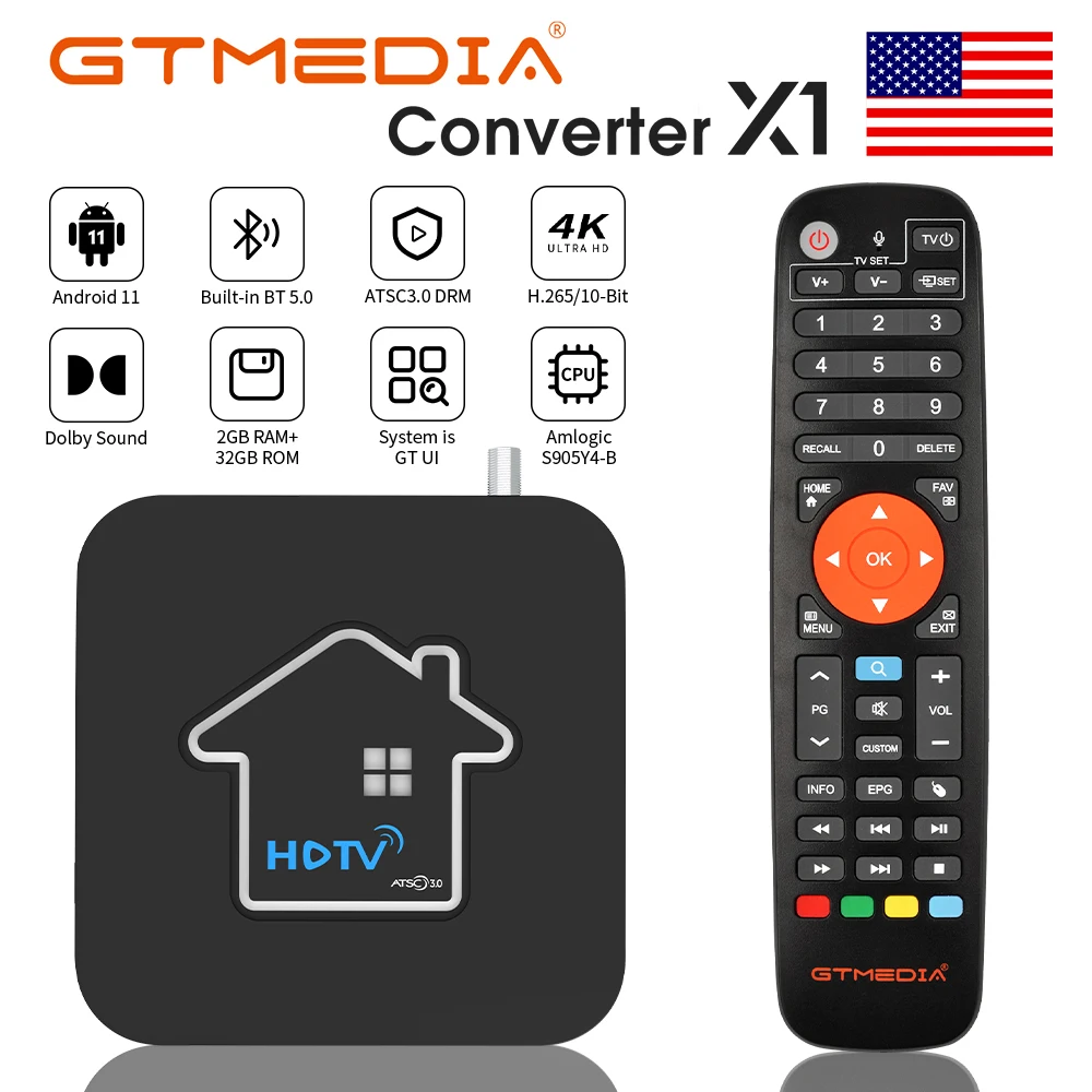 H.265 10-bit Android 11 TV BOX GTMEDIA HDTV Converter X1 Wbudowany BT5.0 Wifi 2GB RAM +32GB ROM kompatybilny z cyfrowym ATSC3.0