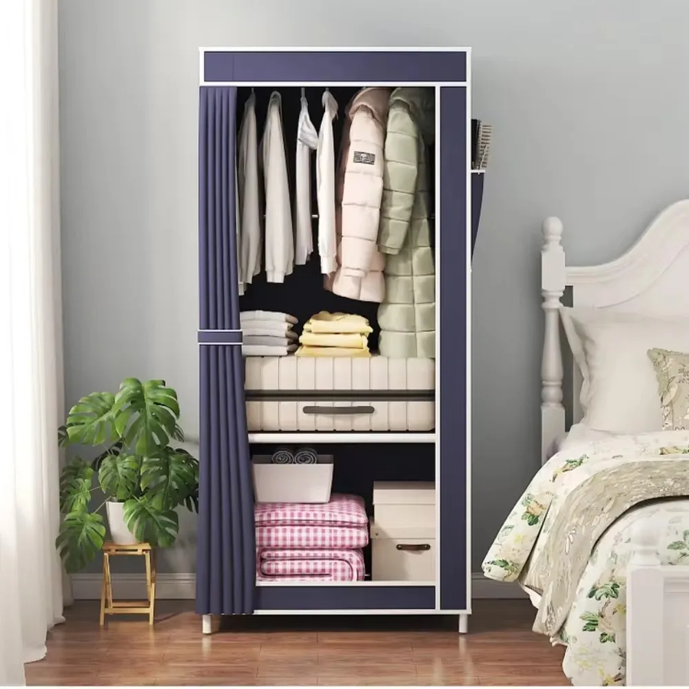 Simple Wardrobe Bedroom Plastic Storage Wardrobe Storage Wardrobe Dust-proof Foldable Clothes Hanger Withcurtains Storagecabinet