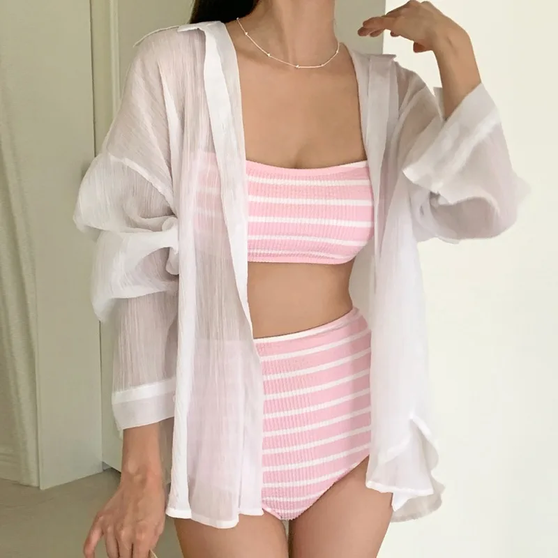 신상 여성용 한국 INS 비키니 세트 - 달콤한 스트라이프 이중 어깨끈, 하이웨이스트 스플릿 투피스 비치 휴가 수영복