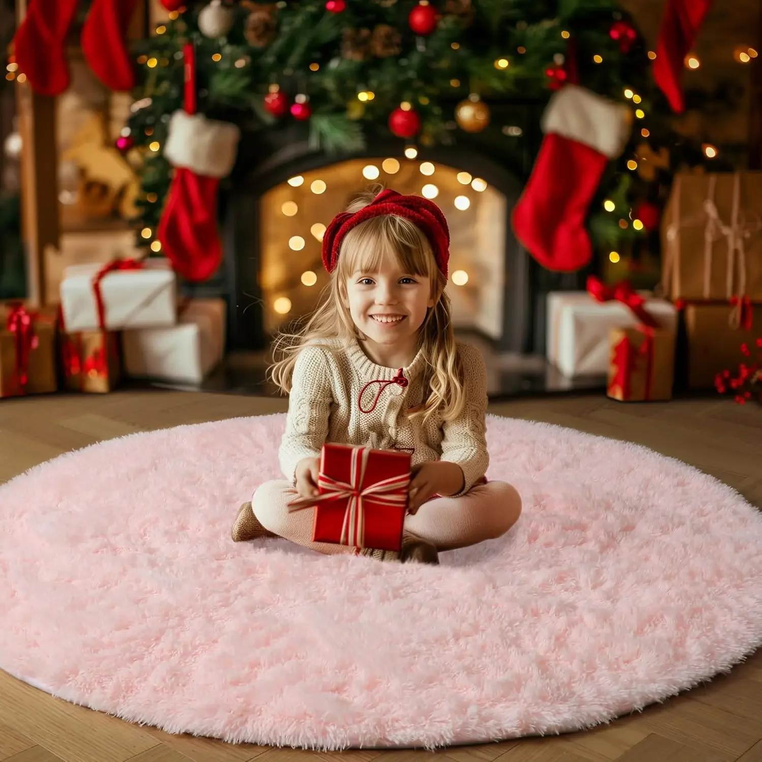 VIKAMA Pink Round Rug for Girls Bedroom,Fluffy Circle Rug for Kids Room,Furry Shaggy Carpet for Girls Nursery Room Decor