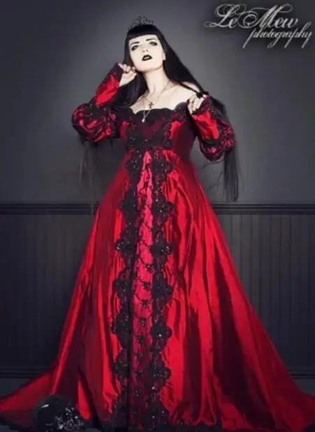 Burgundy Black Gothic Wedding Dresses A-line Long Sleeves Appliques Beaded Wedding Gown Bridal Dresses Vestidos De Novia