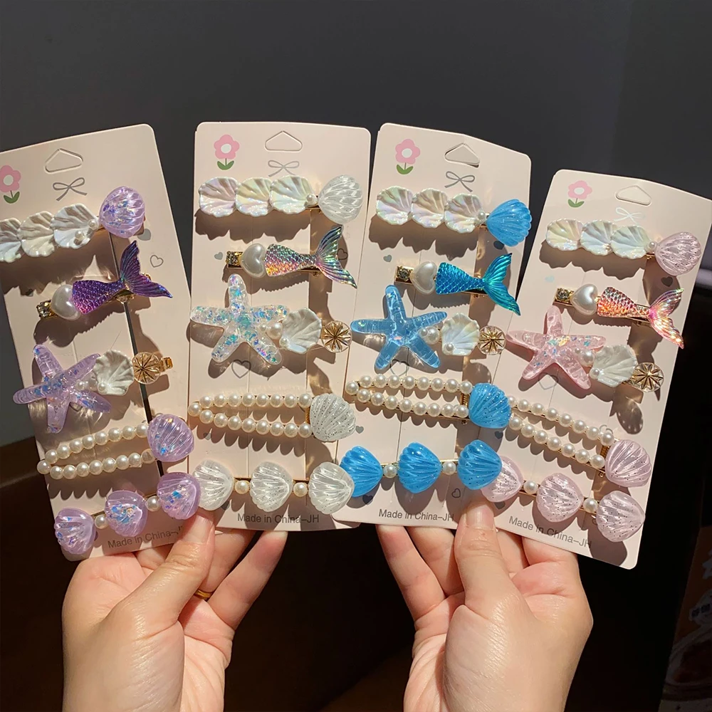 5PCS Girls Mermaid Hair Clips Set Pearl Starfish Shell Hair Barrettes Cute Ocean Hair Clip Accessories for Kids Children