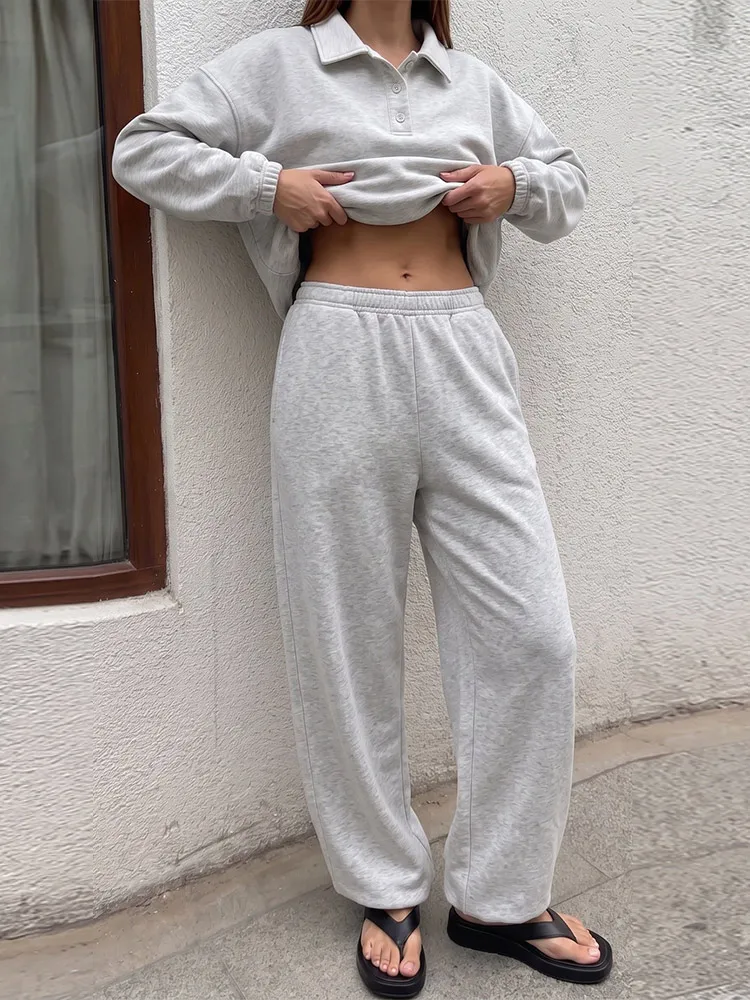 Damen-Hosenanzug 2-teilig Polokragen Langarm-Sweatshirt Pullover Elastische Taille Hose Streetwear Einfarbiger Oversize-Trainingsanzug – Detail 8