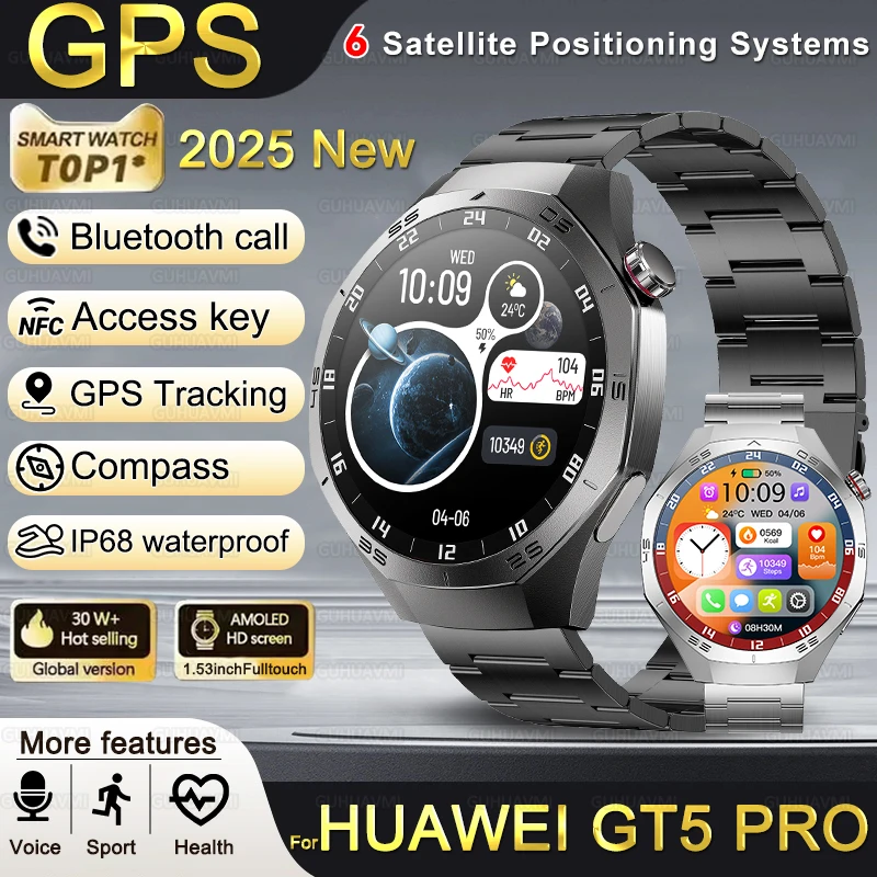 

2025Новинка для Huawei GT5 Pro Смарт-часы для мужчин 1,52-дюймовый HD AMOLED-экран GPS Траектория движения HeartRate Bluetooth Call SmartWatch IP68
