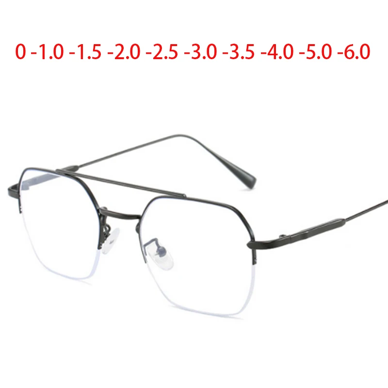 Finished Myopia Glasses Men Metal Double Beam Half Frame Prescription Shortsighted Eyeglasses -1.0 -2.5 -3.0 To -6.0