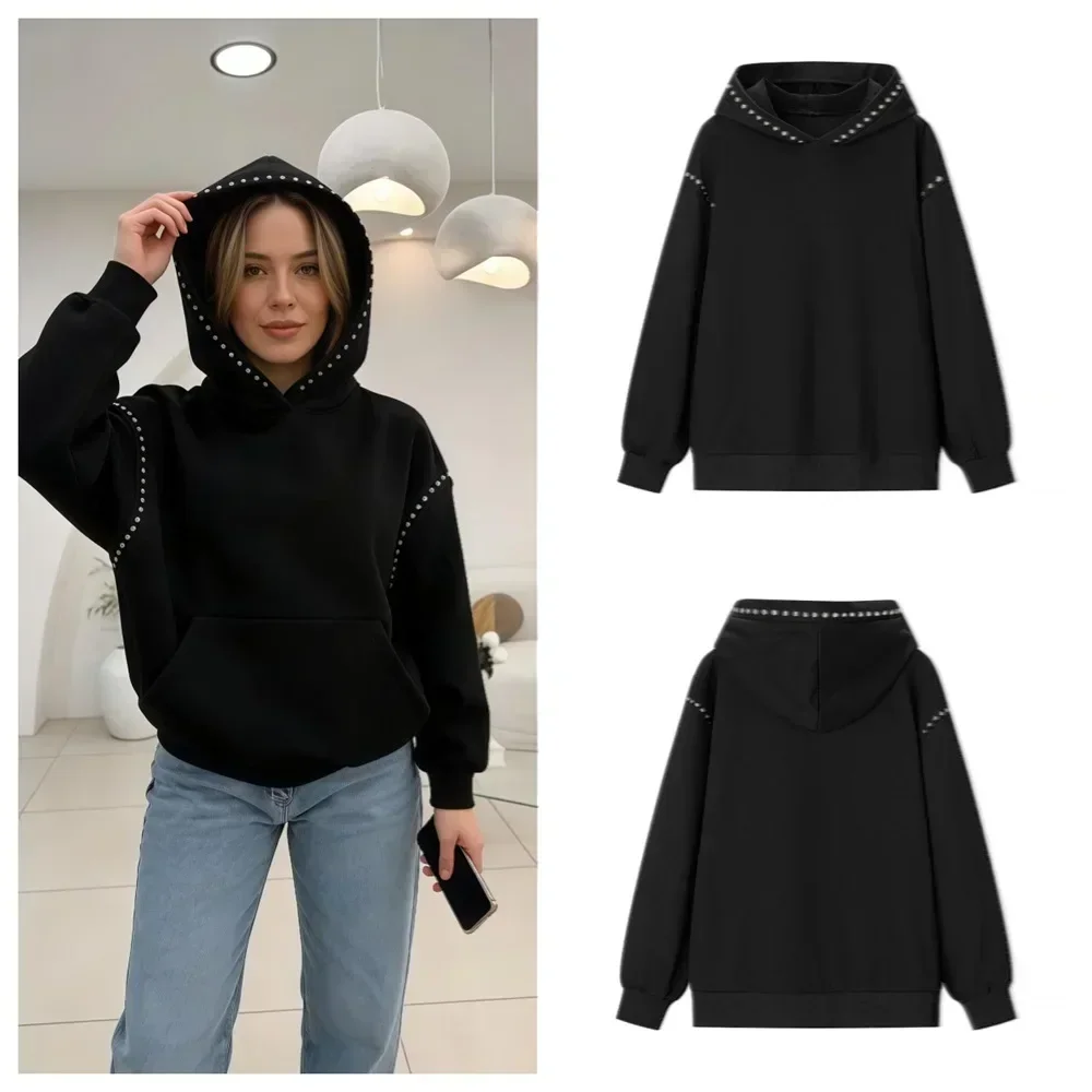 

Женский повседневный трикотажный свитер с капюшоном и заклепками, черный, однотонный, с длинными рукавами, свободный крой, модный пуловер, весна 2026