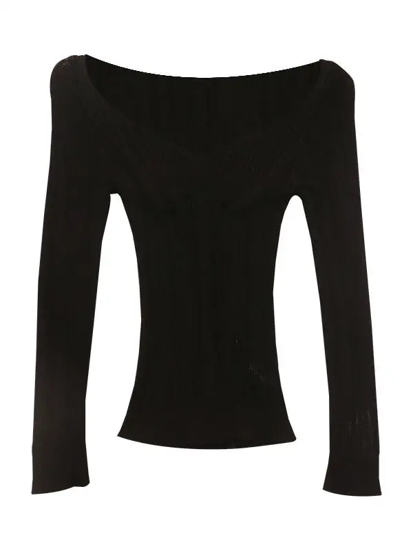 

Long Sve Slim Fit V-Ne Women's Base irt Spring 202 New Sle INS Hanging Ne Knitwear Exposing Clavicle Hollow out
