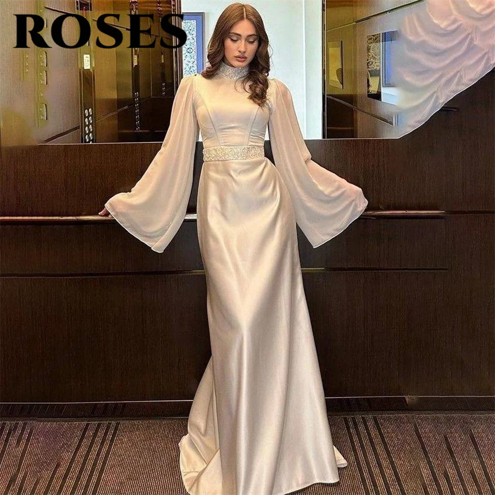 ROSES White Soft Stain Mermaid Formal Dress High Regular Sleeve Party Dress Pleats Ruched Special Occasion Dresses robe soirée