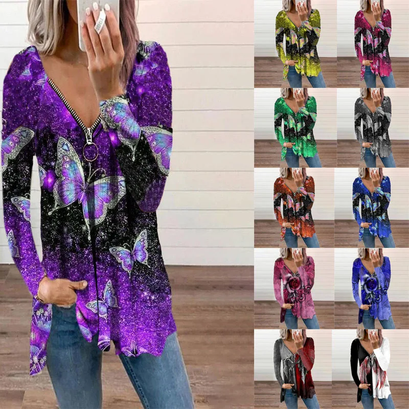 

New V-neck Women's Spring and Autumn Printed Street Hipster Long-sleeved Zipper Pullover Woman T-shirt Female Tops