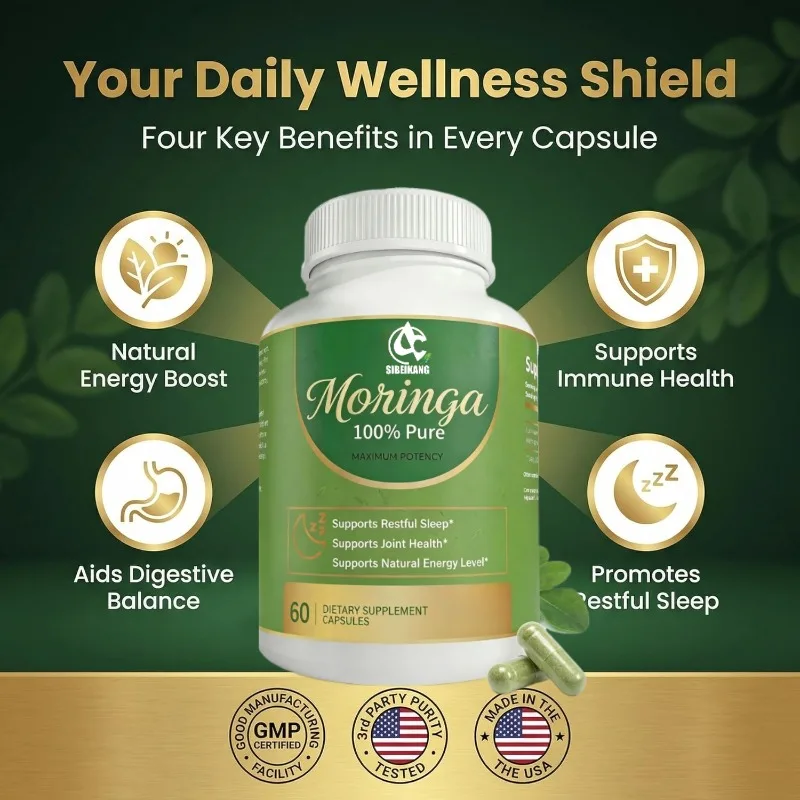 Cápsulas de Moringa 800mg, aceite puro de Moringa en polvo - suplemento nutricional antioxidante, 60 cápsulas