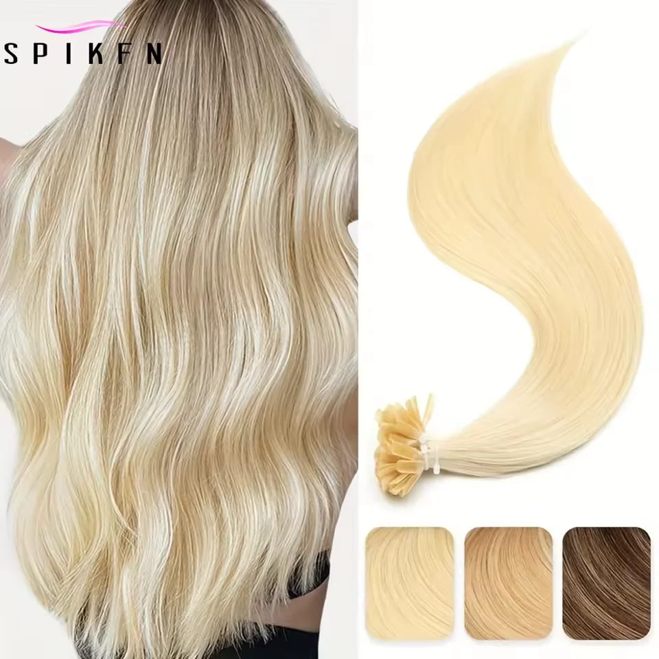 SPIKFN ネイルUチップ人毛ハイライトハニーブロンドプレボンドヘアエクステンション50本/パックナチュラルストレートホットフュージョンヘア30G