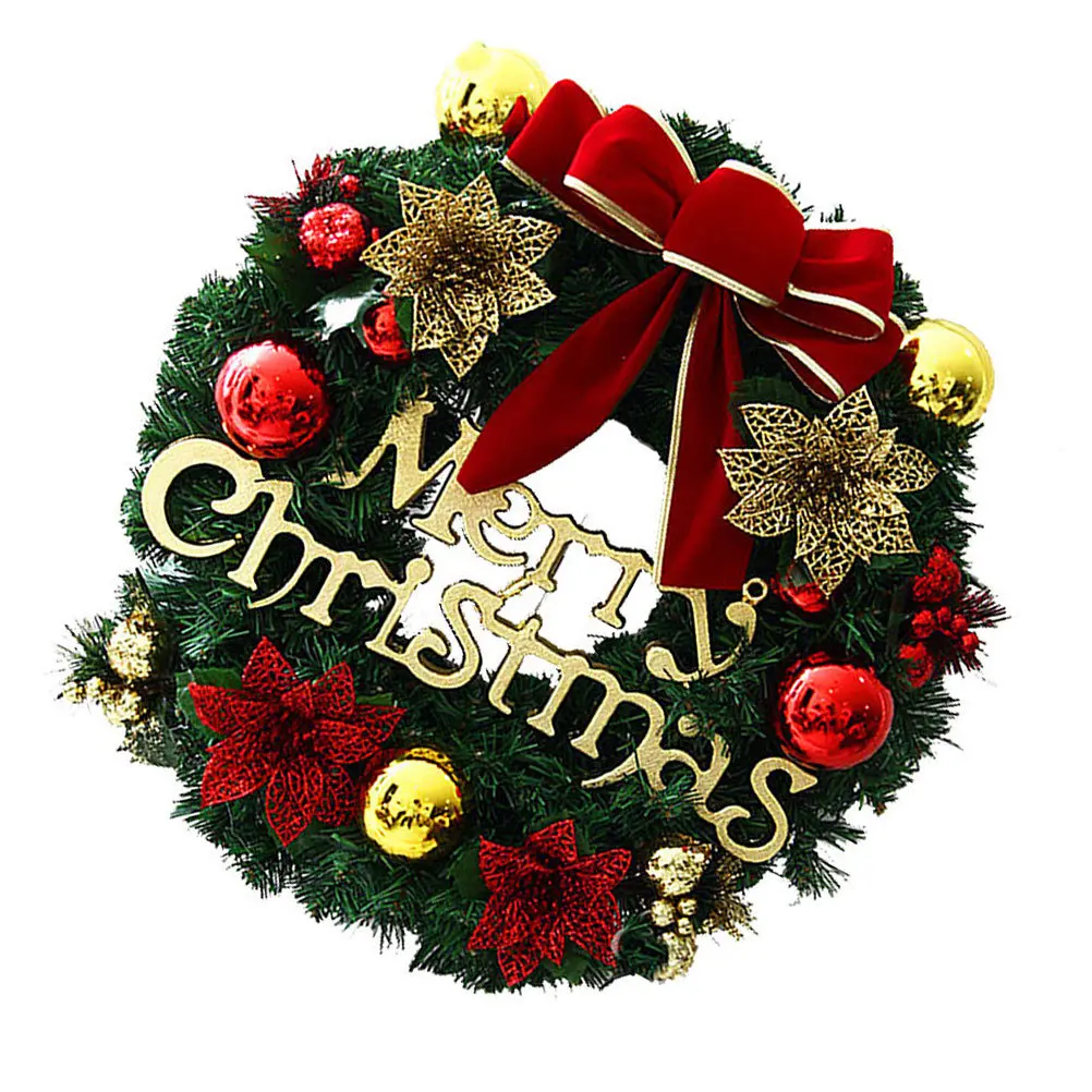 

1Set Christmas Wreath Simulated Plant Bow Bell Garland Warm LED Light String Decorative Door Hanging Festival Wreath Party