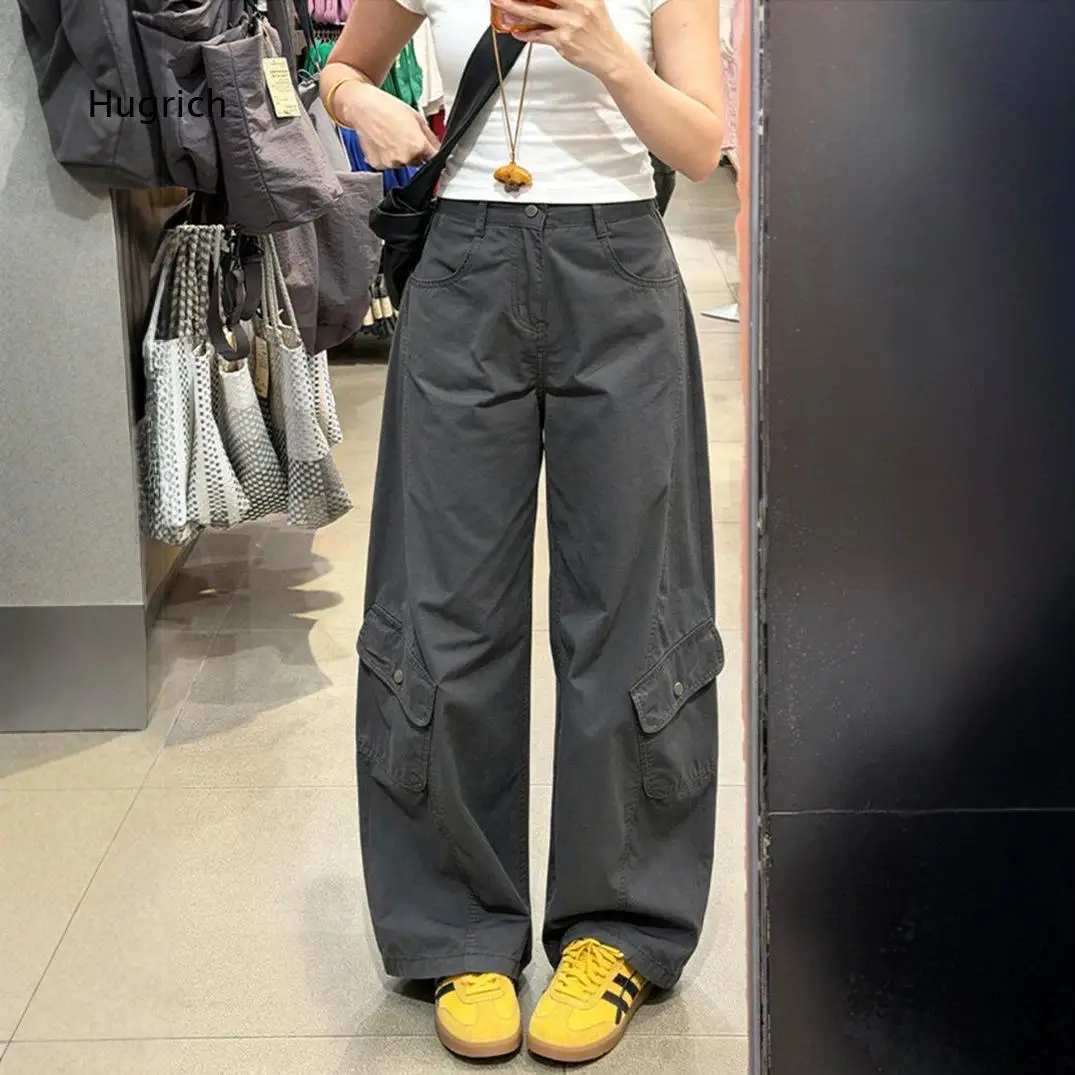 Womens Loose Wide Leg Cargo Pants Multi Functional Side Pockets Solid Color Long Trousers Button Fly Casual Versatile Bottoms