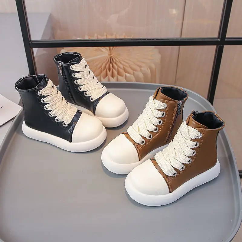 Children's Waterproof Boots 2026 AW New Korean Style Girls' Short Boys' Leather Boots Trendy Kids Footwear for Autumn Winter