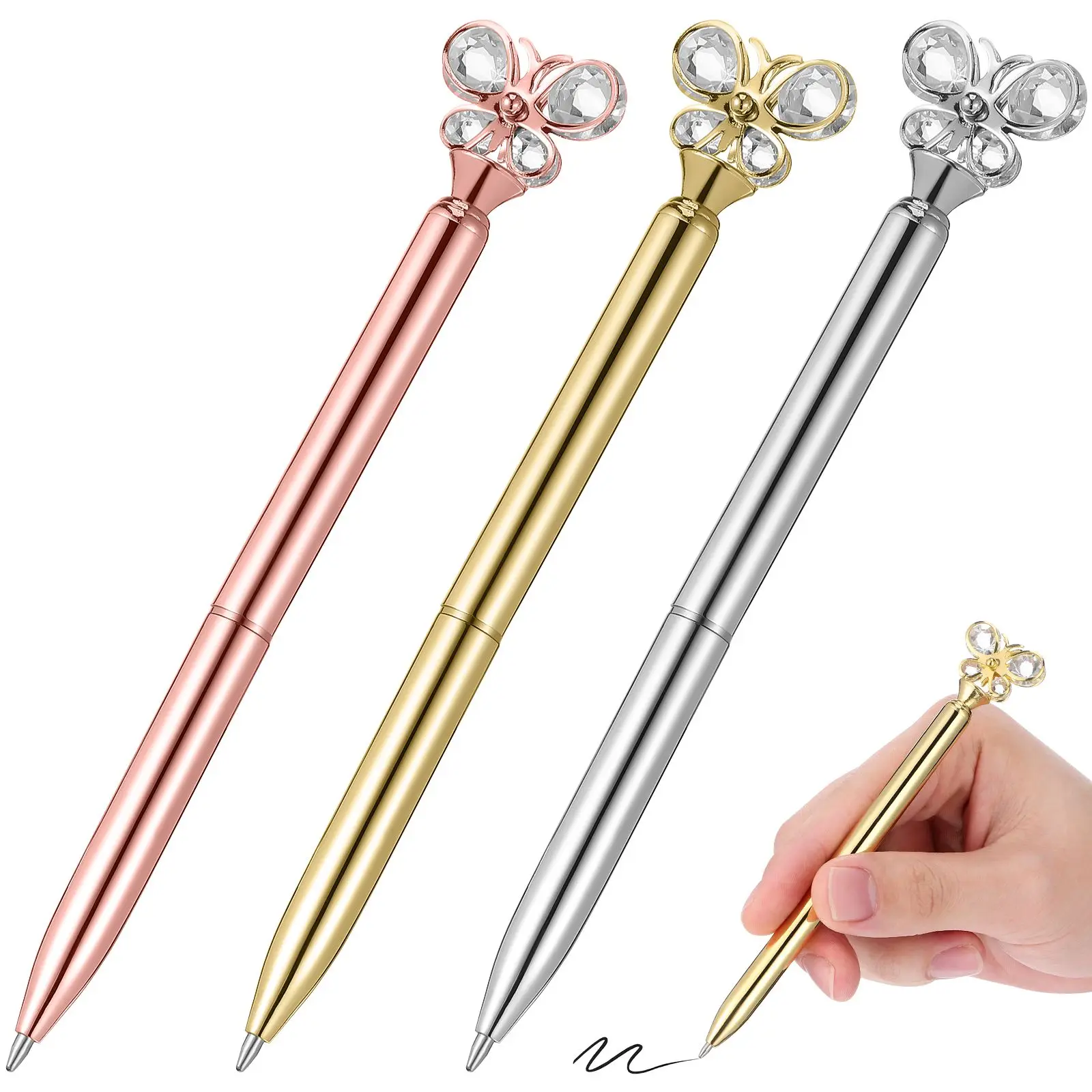 3pcs Metal Butterfly Pen Ballpoint Pens Smooth Writing Comfortable Grip Office Home School Student Kids Proper Size Perfect Gift