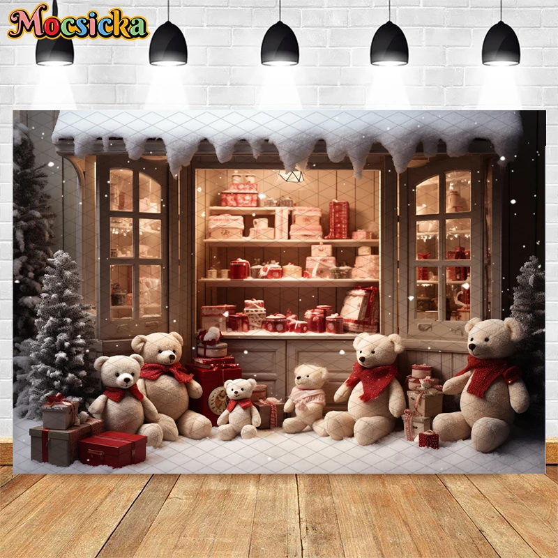 Mocsicka-Fond de photographie de Noël d'hiver, fenêtre, magasin de jouets, ours mignon, enfant, fête de famille, décor de portrait, toile de fond, studio photo