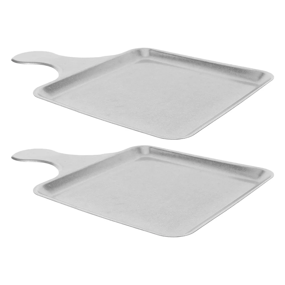 

2pcs Retro Stainless Steel Square Steak Plates Flat Bottom Handle For Bbq Grilled Meat Dishwasher Safe Unbreakable Serving