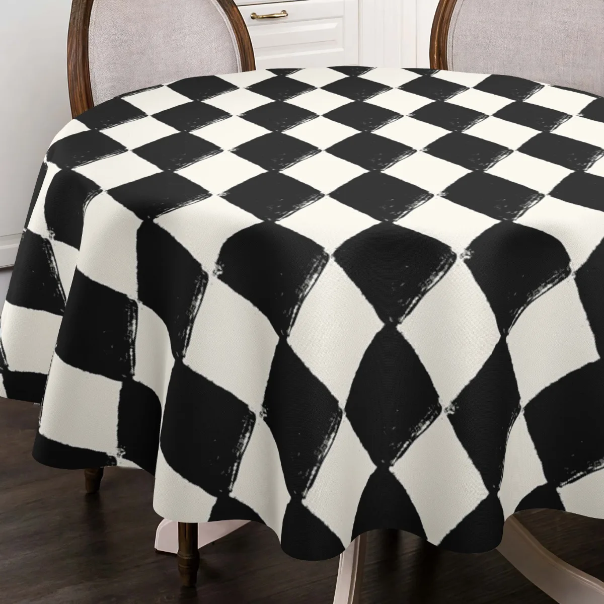 One Bohemian black and white diamond-patterned polyester tablecloth - round shape, woven fabric, suitable for partieszyc