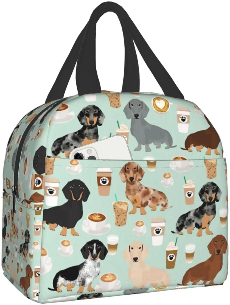 Bolsa de almuerzo aislada reutilizable con bolsillo frontal para hombre y mujer, contenedor de café de colores, lindo, Dachshund