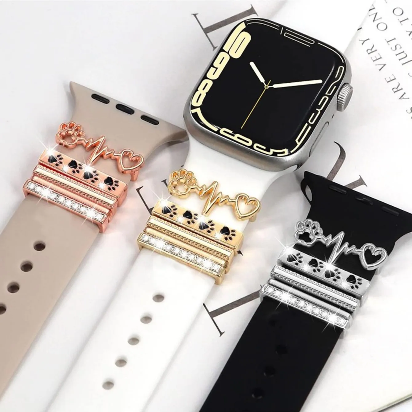 4 قطع من حلقات حلقات حزام الساعة للحيوانات الأليفة، زخارف ساحرة بحزام ساعة معدني لطيف من حجر الراين متوافقة مع سوار ساعة Apple #2