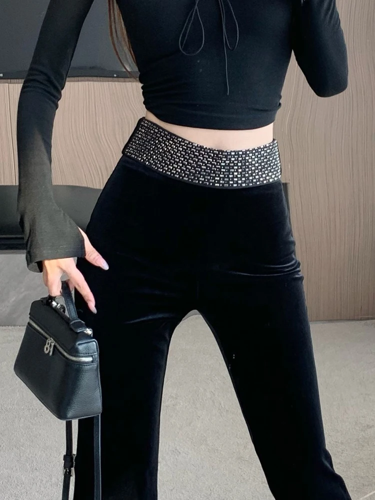 Black gold velvet micro flared pants women in autumn and winter diamond hot stamping high waisted slim fit flared pants