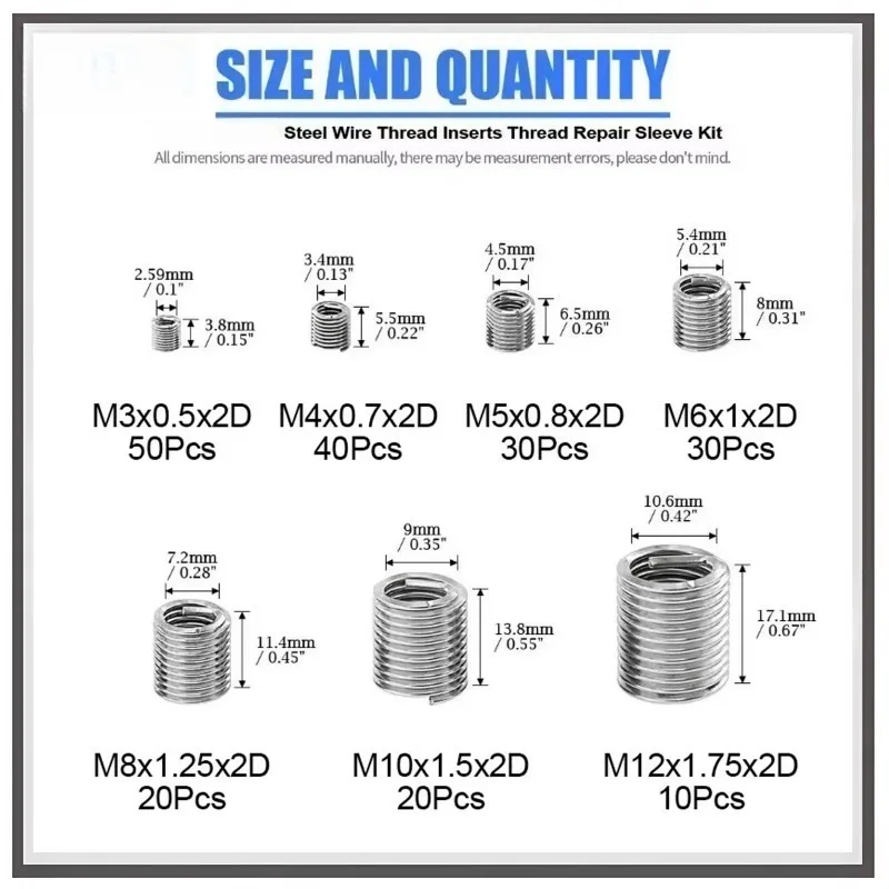 200pcs Threaded Inserts M3 M4 M5 M6 M8 M10 M12 304 Stainless Steel Thread Repairing Tool Helicoil Thread Repair Kit Set