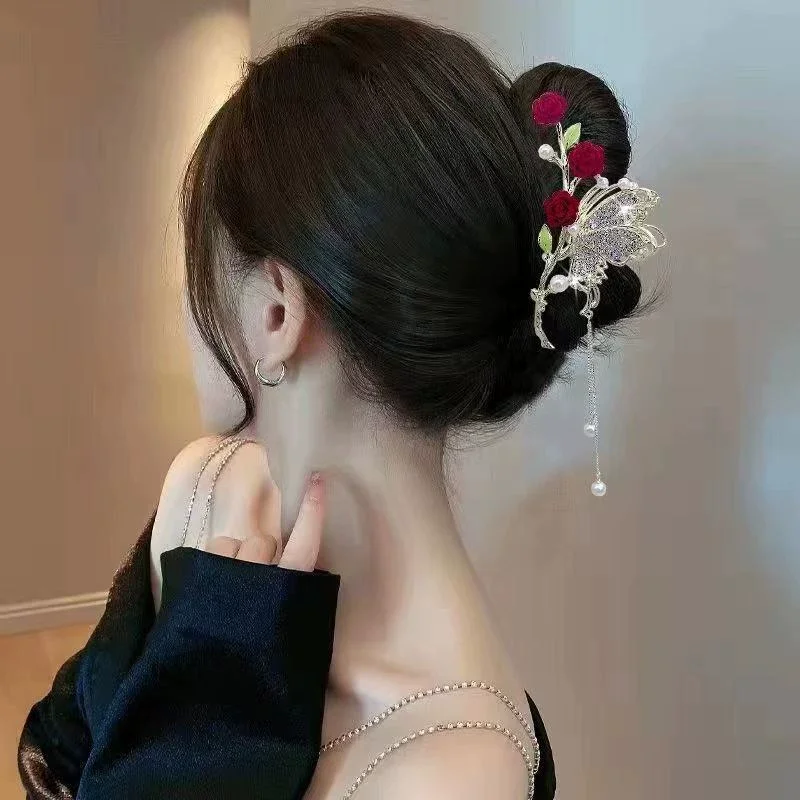 

Female Red Rose Flower Butterfly Tassel Alloy Hairpins Hair Claw for Women Hair Styling Tools Ladies Hair Clip New Headwear