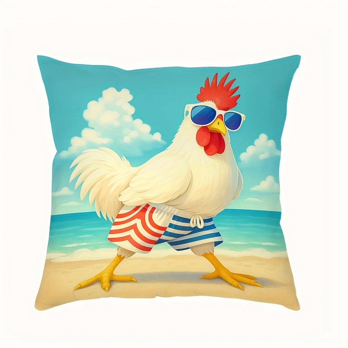 Fun Beach Cock Pillowcase Short Fleece Cushion Cover 18x 18 Inch Sunglasses Striped Shorts Sofa Bed Decoration