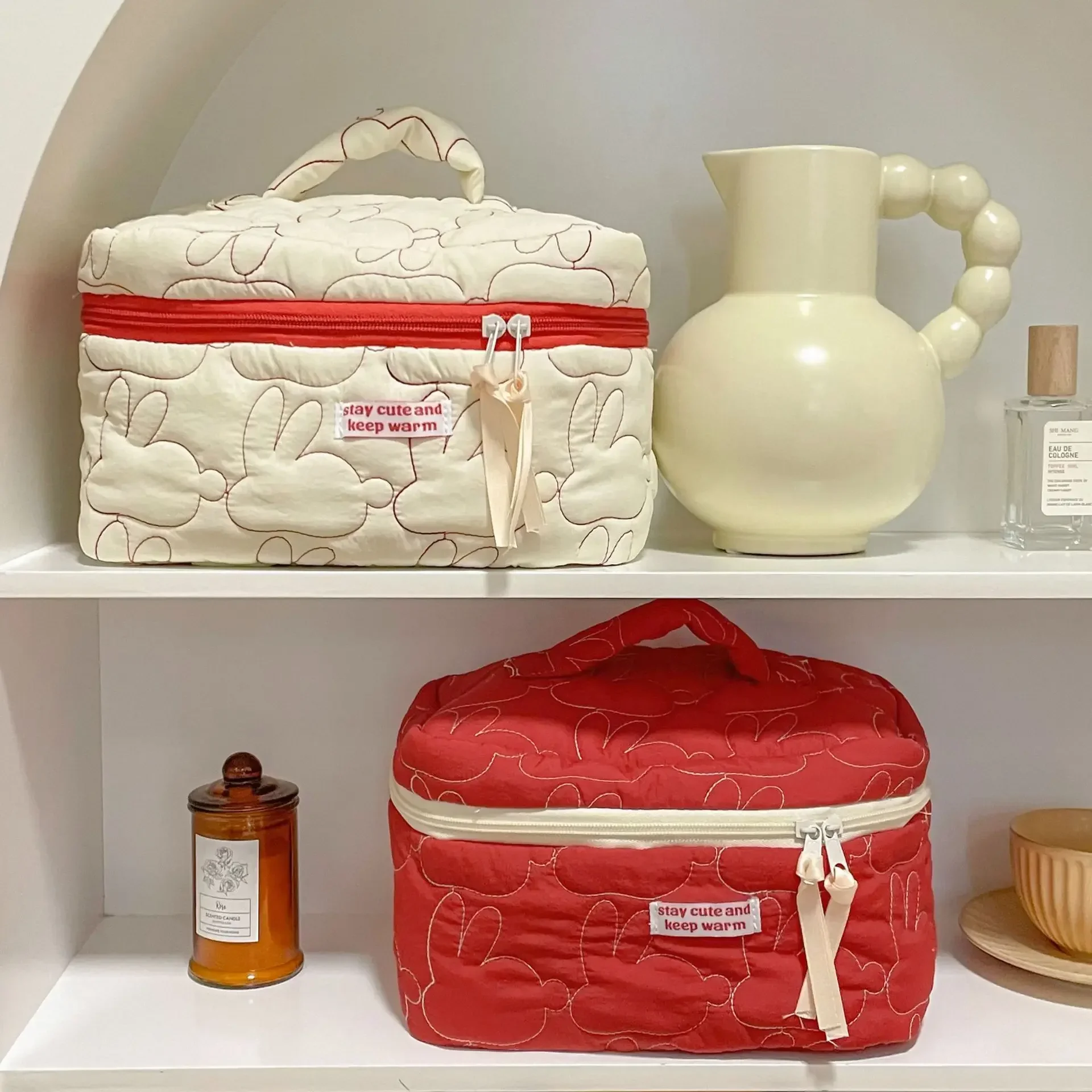 

Ins Large Capacity Zipper Makeup Bags Rabbit Quilted Cotton Cosmetic Cases Cute Travel Storage Pouch Organizer for Women Handbag