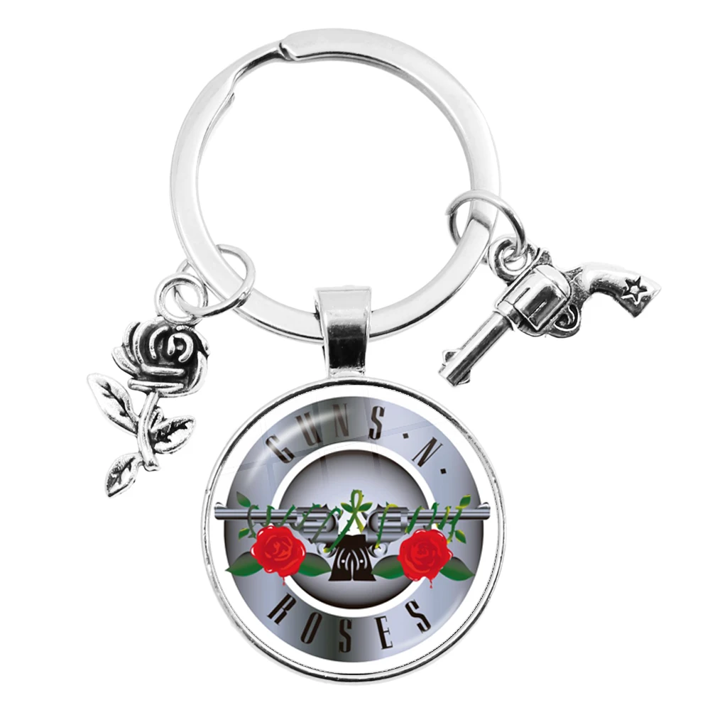 Holder Guns N Roses Rock Band Pendant Round Key Chain Punk Guns and Roses Band Sign Metal Pendant Keyring Fans Jewelry Gift