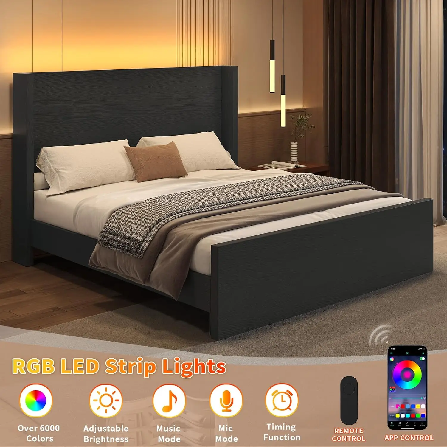 Queen Platform Bed With LED Wingback Headboard & Footboard, Wooden Slats No Box Spring, Easy Assembly, Black, Customized