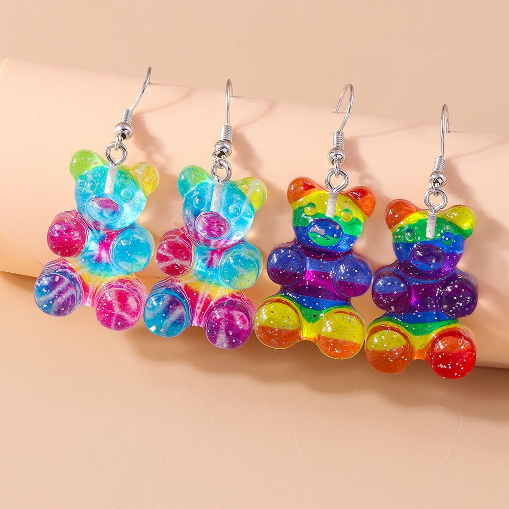 Aihua New Cute Big Gradient Resin Bear Earrings for Women Girls Cartoon 3D Candy Color Gummy Bear Earrings Sweet Jewelry Gifts