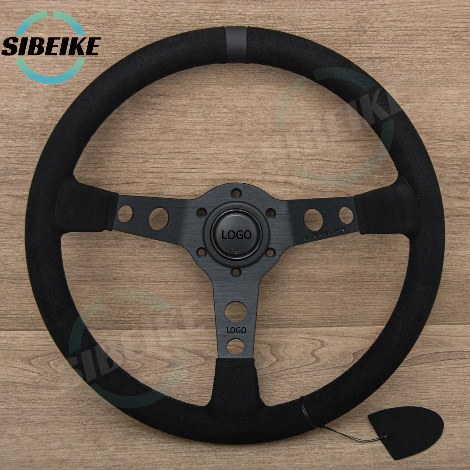 14inch Italy Black Edition Suede Leather Steering Wheel Deep Dish Racing Sports Steering Wheel with Logo