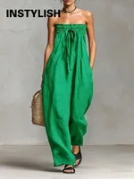 Women Strapless Wide Leg Jumpsuit Casual Cotton Linen Tube Top Romper Summer Beach Long Pants with Pockets Vacation Overalls - Image 2