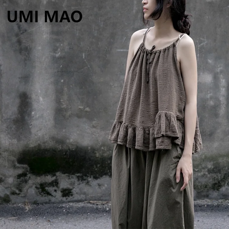 

UMI MAO Summer New Design Top Feminino Cute Age Reducing Paired With Drawstring Vest Tied Cotton Lotus Edge Sling Top Femme