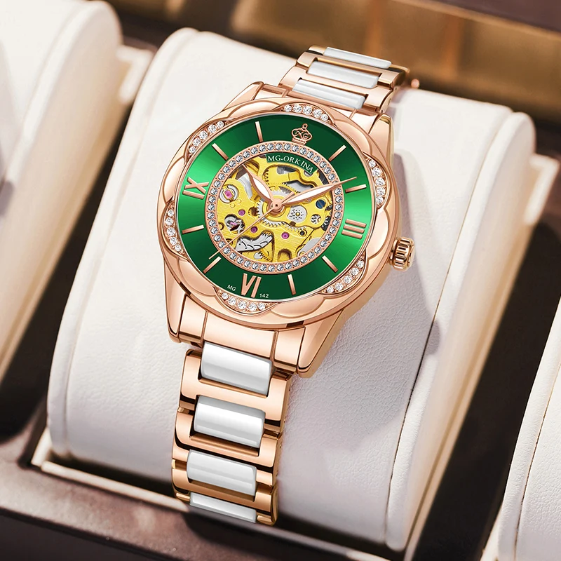 ORKINA Women Watch Automatic Self-wind Mechanical Skeleton Diamond Bezel Luminous Hands Ceramic Steel Band Lady Dress Wristwatch
